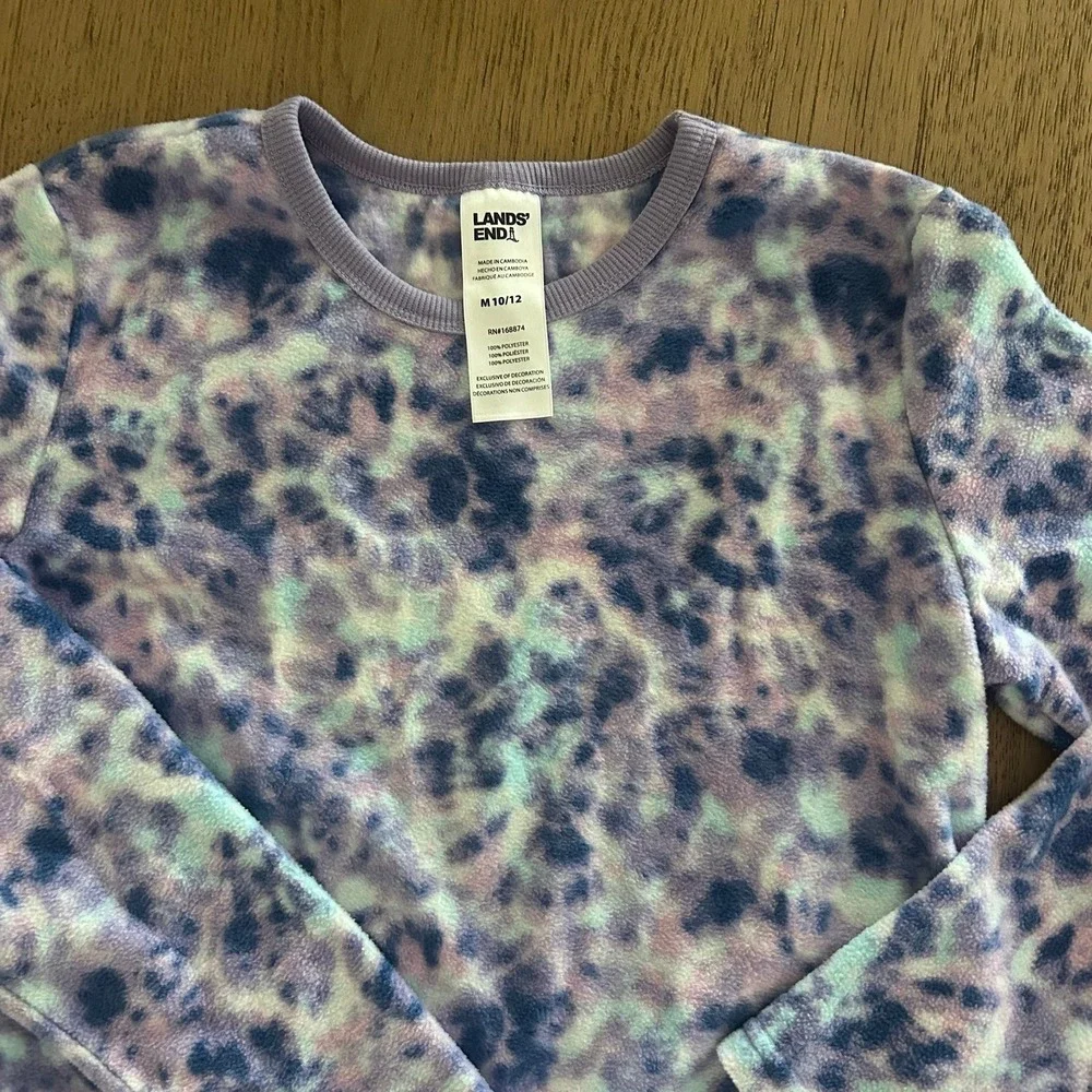 Lands' End Girls Warm Winter Soft Fleece Purple Tie-Dye Pajamas 10/12 Medium